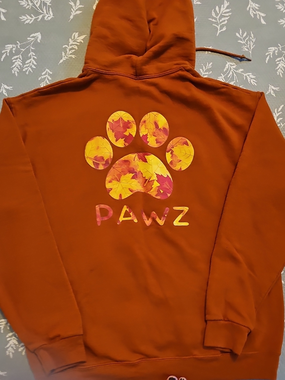 PAWZ Rust Orange Hoodie with Autumn Leaf Paw Graphic - Size Large (Unisex)